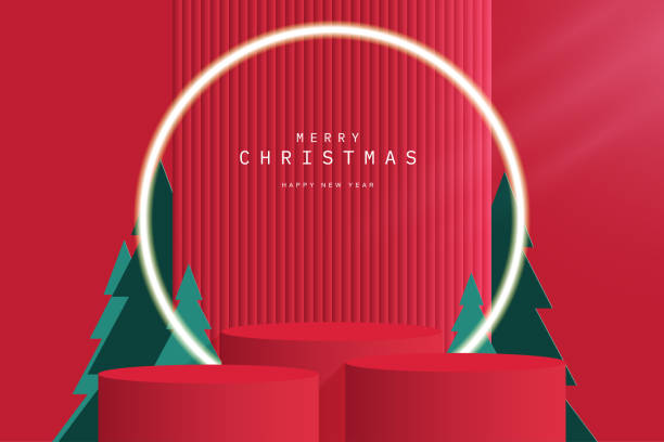 istock Abstract realistic 3D red cylinder pedestal podium with green christmas tree and vertical background. Merry christmas and happy new year scene for product display presentation. Vector rendering platform. 1484706993
