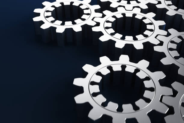 istock Close-up of metal gears on a blue background. 3d rendering illustration. 1484708659