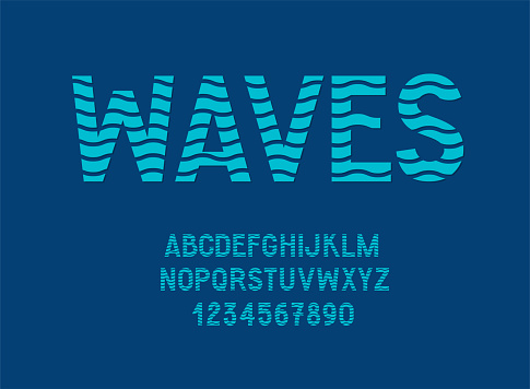 Wavy Deep Sea Alphabet. Sliced Waves Font. English Vector Ocean Letters and Numbers.