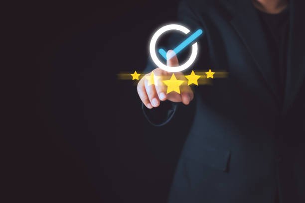 istock Customer Experience Concept, Best Excellent Services for Satisfaction present by Opened Hand of Client giving a Five Star Rating 1484718933