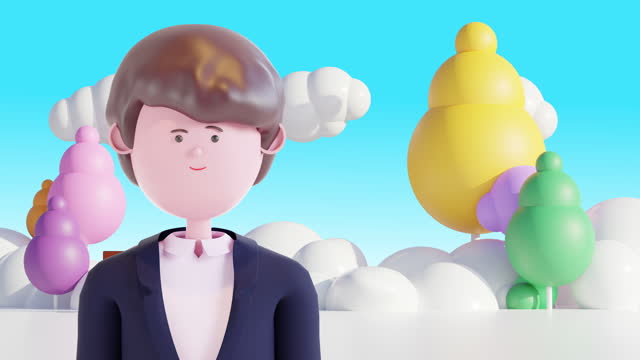 3d Animation happy business cartoon man with mountain background.