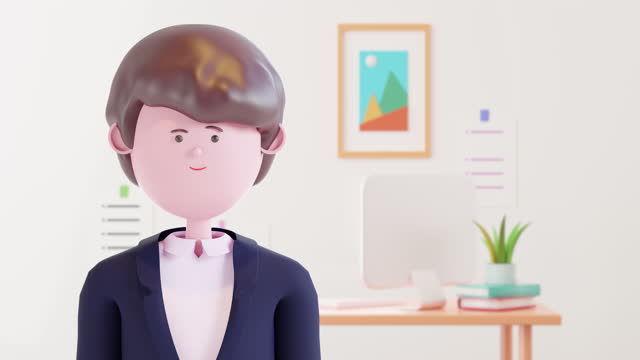 Portrait of 3d Animation happy bussiness man cartoon in office.