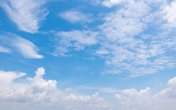 istock Panoramic view of clear blue sky and clouds, Blue sky background with tiny clouds. White fluffy clouds in the blue sky. 1484722262