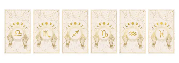 Vector illustration of Set of vertical zodiac cards for stories, astrological horoscope, boho line design, gold engraving on natural color background. Vector illustration isolated.