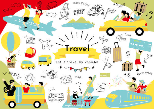 ilustraciones, imágenes clip art, dibujos animados e iconos de stock de personas que disfrutan viajando en transporte - bus family travel destinations women