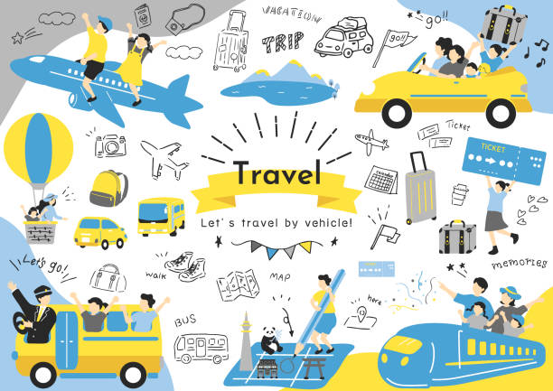 ilustraciones, imágenes clip art, dibujos animados e iconos de stock de personas que disfrutan viajando en transporte - bus family travel destinations women