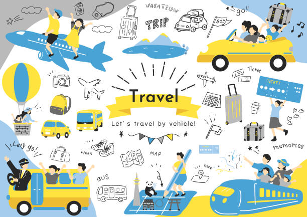 People who enjoy traveling by means of transportation People who enjoy traveling by means of transportation bus borders stock illustrations