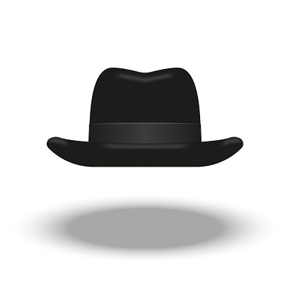 A black homburg hat of fur felt front view isolated on white background realistic 3d vector object, with single dent running down the centre of the crown, a wide silk grosgrain hatband ribbon and flat brim.