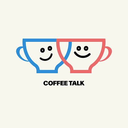 Coffee talk icon, two cups of coffee, tea. Funny faces, smile on mugs, meeting friends in cafe
