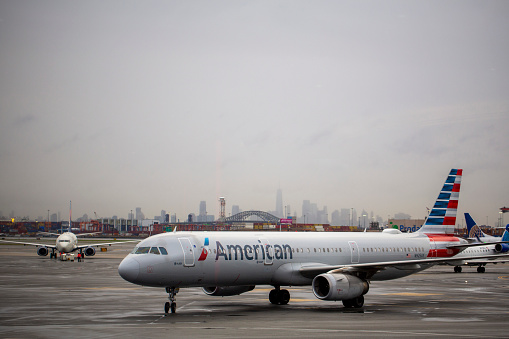 American Airlines Airbus A321-231 aircraft with registration N925UY taxiing at Newark Liberty International Airport in April 2022.