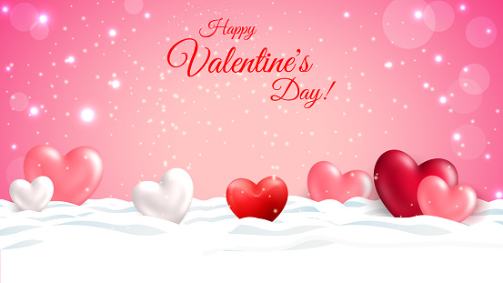 Happy valentine's day background with 3D frozen hearts in snow. Banner for Valentine's Day Sale. Greeting banner or card for website , posters, ads, coupons, promotional material. Vector EPS10