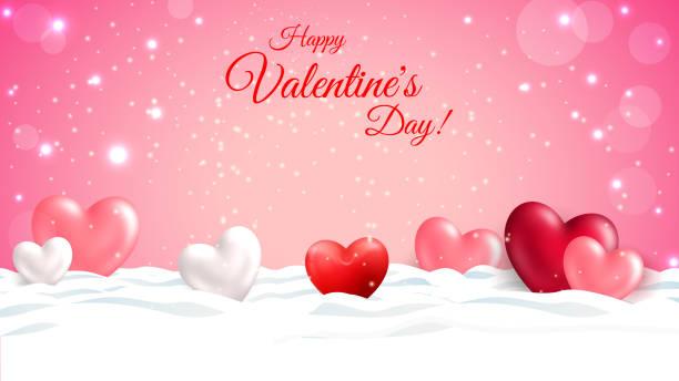 Happy valentine's day background with 3D hearts in snow Happy valentine's day background with 3D frozen hearts in snow. Banner for Valentine's Day Sale. Greeting banner or card for website , posters, ads, coupons, promotional material. Vector EPS10 Valentines Day Images stock illustrations