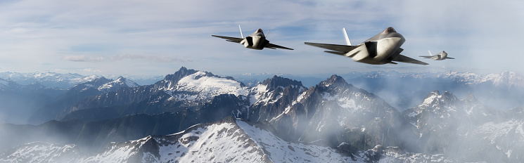 Military Fighter Jets flying over the mountain peaks. 3d Rendering Aircraft. Aerial Landscape from British Columbia, Canada.