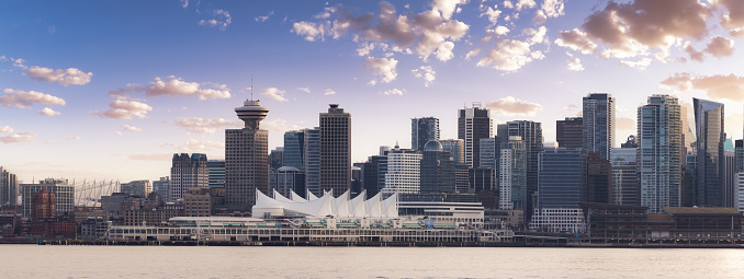 Canada Place, City Skyline, Urban Downtown Cityscape. Vancouver, British Columbia, Canada. Winter Sunset Sky Art Render.