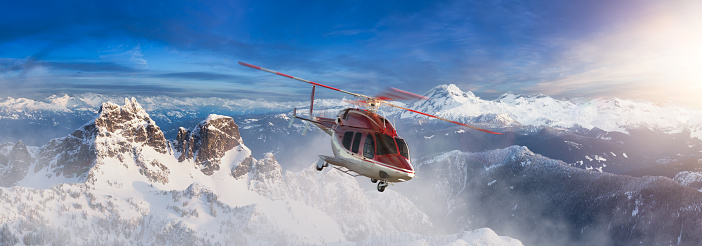 Helicopter flying over the Rocky Mountains during a colorful sunrise. Aerial Landscape from BC, Canada near Squamish. Epic Adventure Composite. 3D Rendering Heli
