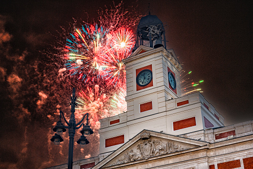 Fireworks at new year’s eve in Madrid in Puerta del Sol.