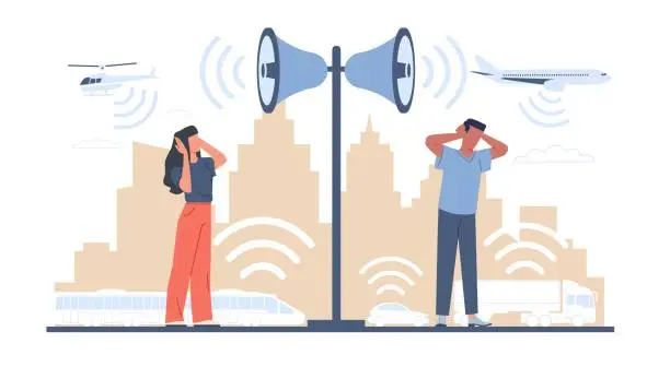 Vector illustration of People who suffer from loud noisy city sounds. Man and woman covering ears with hands. City audio speakers, annoyed signals from planes and cars. Cartoon flat isolated vector concept