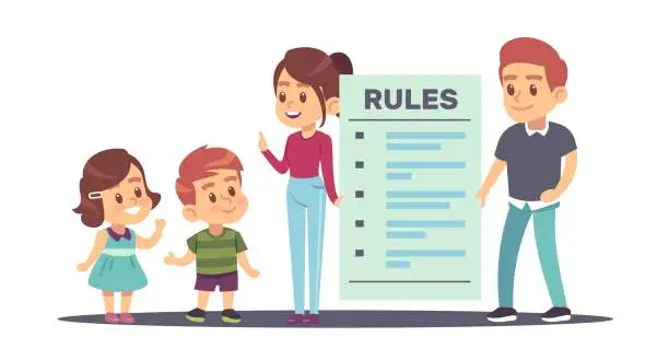 Vector illustration of Family rules, mother and father tell son and daughter about rules in home. Huge checklist, little brother and sister, parenthood and relationships. Cartoon flat isolated vector concept