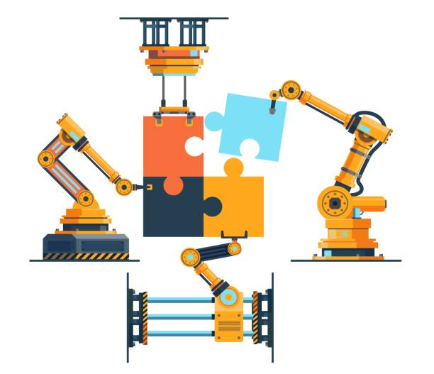 Four robotic arms assemble colorful puzzle, robots solve complex problem. Ai teamwork, manufacturing machines. Artificial intelligence team. Cartoon flat style isolated vector concept Four robotic arms assemble colorful puzzle, robots solve complex problem. Ai teamwork, manufacturing machines. Artificial intelligence team. Cartoon flat style isolated illustration. Vector concept industrial music stock illustrations