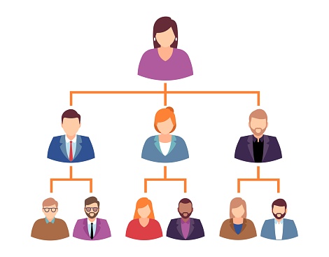 Hierarchy in company or organizational chart with people icons. Men and woman portrait. Branched structure template. Visualization business model. Cartoon flat isolated illustration. Vector concept