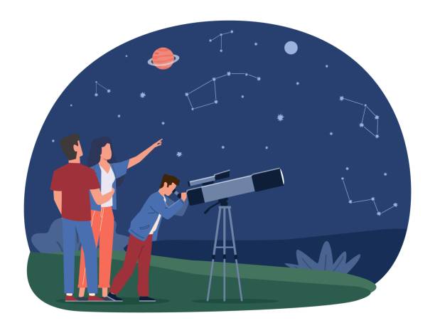 Mother, father, and son watching stars and planets through telescope together. Family leisure time, astronomy education. Cosmos exploration. Cartoon flat style isolated vector concept Mother, father, and son watching stars and planets through telescope together. Family leisure time, astronomy education. Cosmos exploration. Cartoon flat style isolated illustration. Vector concept starry sky telescope stock illustrations