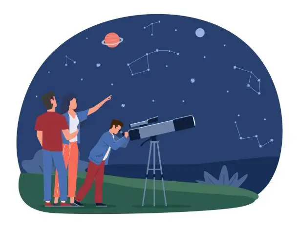 Vector illustration of Mother, father, and son watching stars and planets through telescope together. Family leisure time, astronomy education. Cosmos exploration. Cartoon flat style isolated vector concept