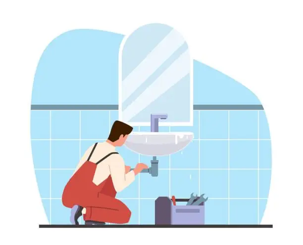 Vector illustration of Plumber fixes leaky pipe or clog in sink. Repair man in toilet room. Leaking broken sewer. Repair service. Flood and destruction in bathroom. Cartoon flat illustration. Vector concept