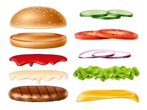Realistic burger ingredients kit. Isolated 3d wheat bun with sesame seeds, ketchup, mayonnaise, vegetables and meat patty, fresh onion and cheese, delicious fast food constructor utter vector set