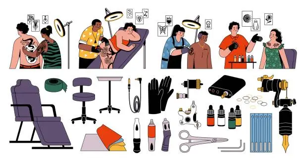 Vector illustration of Tattoo salon elements. Professional tattoo and piercing studio equipment and tools, body ink, needles, machines and chairs, modern cartoon flat isolated characters. Tidy vector set