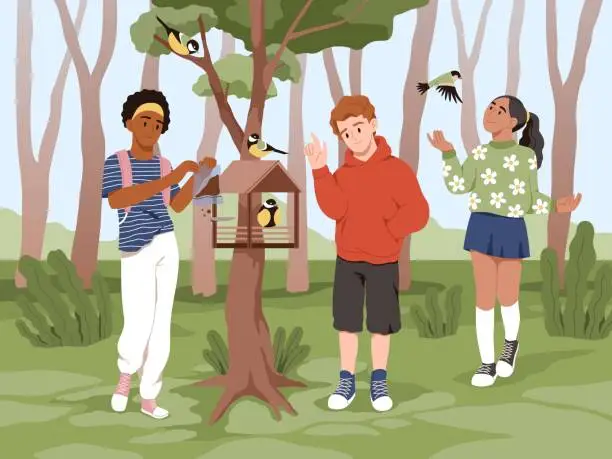Vector illustration of Children feed birds. Happy boys and girls pour food into feeder for titmouses, walk in forest park, wooden birdhouse, teens in modern clothes walking, cartoon flat style tidy vector concept