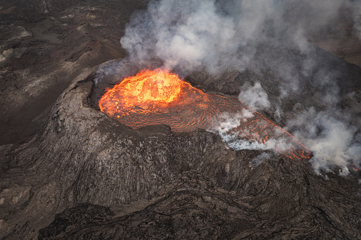 Fagradalsfjall Volcano Eruption, Drone view from above towards the lava stream of the erupting and smoking Fagradalsfjall Volcano, Reykjanes Peninsula, Geldingadalir, Iceland, Nordic Countries, Northern Europe