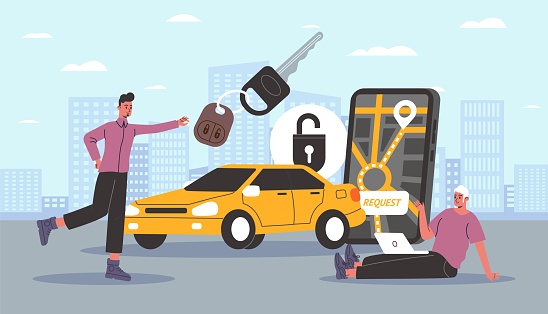 Taxi service. Mobile application for car finding. Cartoon people characters calling automobile to specific address. Men with auto key. Yellow vehicle. Cab request. Smartphone app users. Vector concept