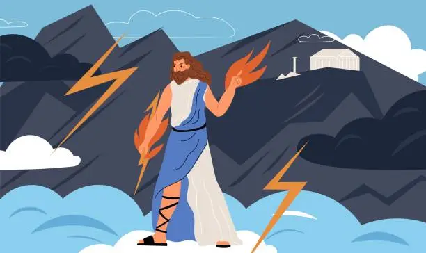 Vector illustration of Zeus figure. Ancient Greek god. Devine religious character throws fire and lightning from Olympus. Titanomachy legend. Mythological Roman Jupiter. Greece deity. Garish vector concept