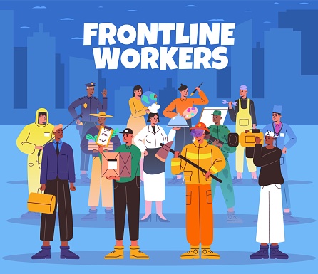 Frontline workers poster. Labor Day inspirational card. Representatives of different professions in uniform. Standing people group. Specialists career. Professional fireman and courier. Vector concept