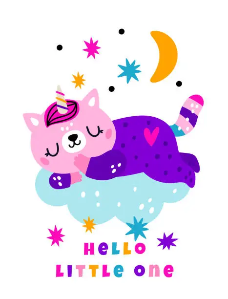 Vector illustration of Birthday party. Greeting card. Sweet dream. Cartoon unicorn cat sleeps on cloud. Night sky. Cute kitten relaxation. Slumbering funny animal. Hello baby. Vector illustration banner design