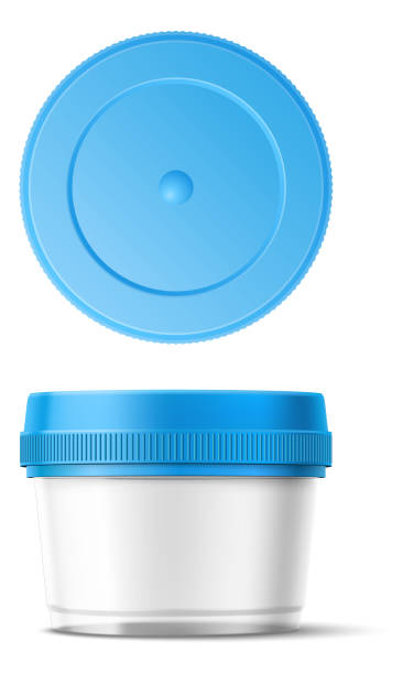 ilustrações de stock, clip art, desenhos animados e ícones de transparent food container. realistic plastic product box with blue cap. home meal storage packaging mockup. kitchen jar. top and side view. snack pack. vector empty reusable package - lunch box lunch bucket box