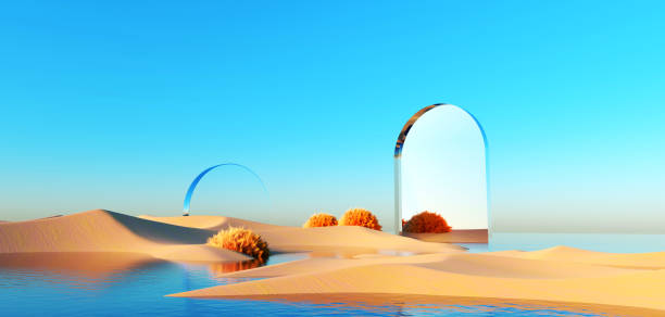 istock 3d render Surreal pastel landscape background with geometric shapes, abstract fantastic desert dune in seasoning landscape with arches, panoramic, futuristic scene with copy space, blue sky and cloudy 1484739081