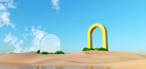 istock 3d render Surreal pastel landscape background with geometric shapes, abstract fantastic desert dune in seasoning landscape with arches, panoramic, futuristic scene with copy space, blue sky and cloudy 1484739122