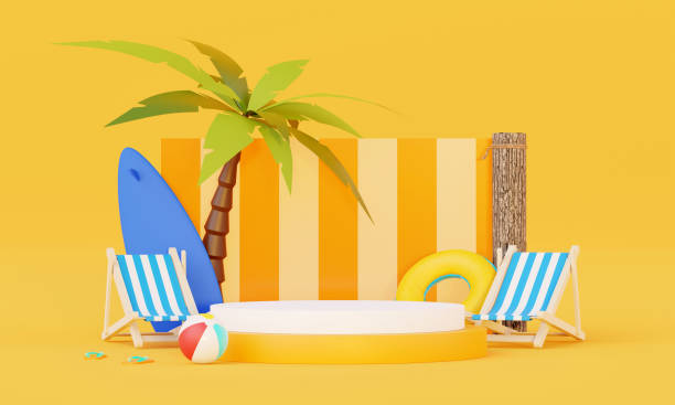 istock Summer vacation beach abstract background concept, Minimal Realistic Display Podium for Product mock-up or Cosmetics with summer theme, beach umbrella, sand, chairs, inflatable ring. 3d rendering 1484739128