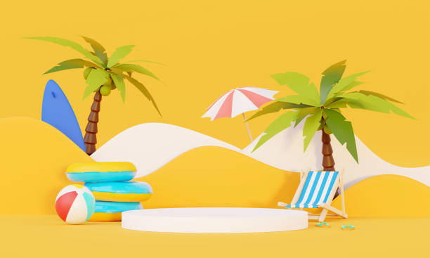 istock Summer vacation beach abstract background concept, Minimal Realistic Display Podium for Product mock-up or Cosmetics with summer theme, beach umbrella, sand, chairs, inflatable ring. 3d rendering 1484739152