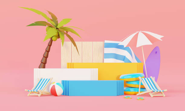 istock Summer vacation beach abstract background concept, Minimal Realistic Display Podium for Product mock-up or Cosmetics with summer theme, beach umbrella, sand, chairs, inflatable ring. 3d rendering 1484739155