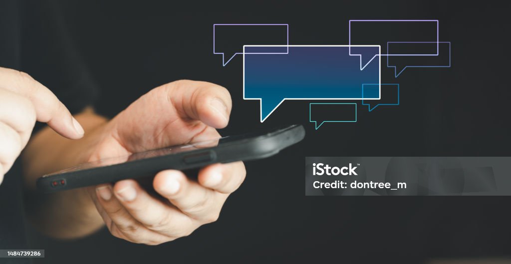 Texting Group Image Text Messages In Cellphone Screen With Abstract Hologram Speech Bubbles ...