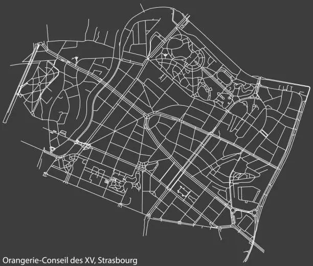 Vector illustration of Street roads map of the ORANGERIE-CONSEIL DES XV DISTRICT, STRASBOURG