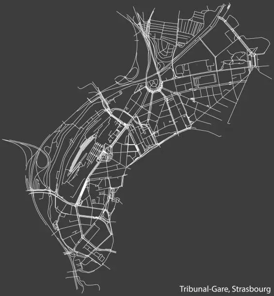 Vector illustration of Street roads map of the TRIBUNAL-GARE DISTRICT, STRASBOURG