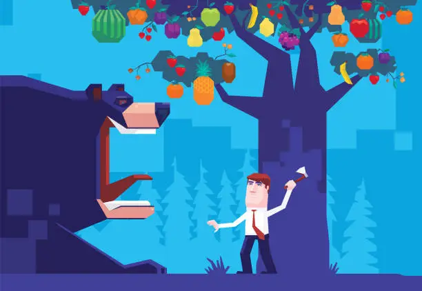 Vector illustration of businessman holding axe beside fruits tree and meeting angry bear