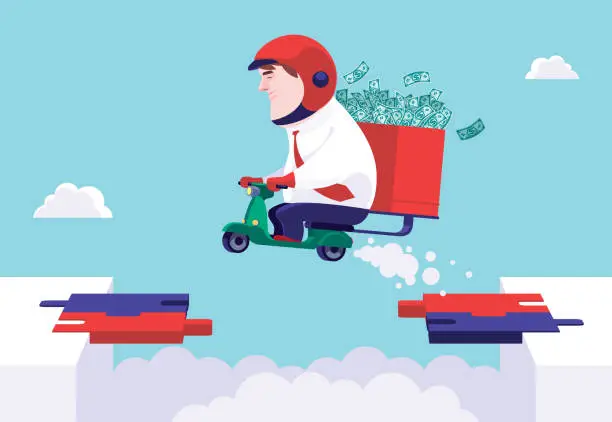 Vector illustration of businessman on scooter carrying heap of banknotes and jumping over broken puzzle bridge