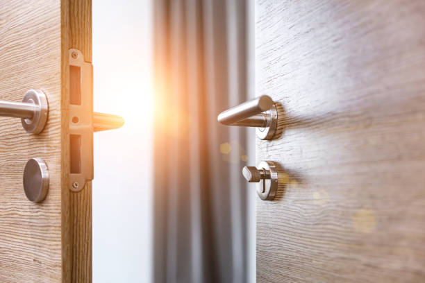 istock The gap between two wooden doors was opened 1484744255