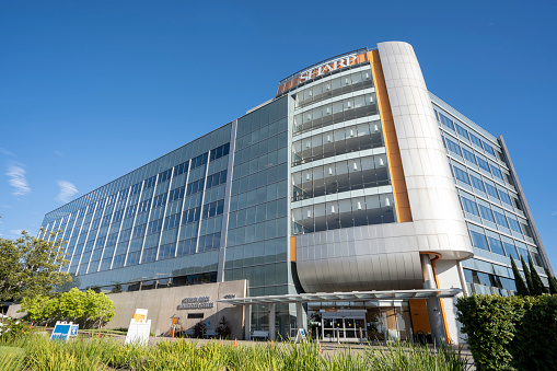 San Diego, CA, USA - May 14, 2022: Front view of the Sharp Memorial Hospital in San Diego, California. Sharp Memorial is the largest hospital of Sharp HealthCare, a regional health care group.