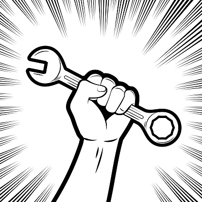 Design Vector Art Illustration.
An original illustration of a firm fist holding a double-ended wrench with one end being an open-end wrench, and the other end being a box-end wrench.
The background with comic effects lines.