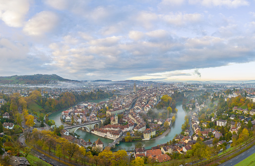 Aerial view over the capital city of Bern,Switzerland in a beautiful summer day at sunset.
